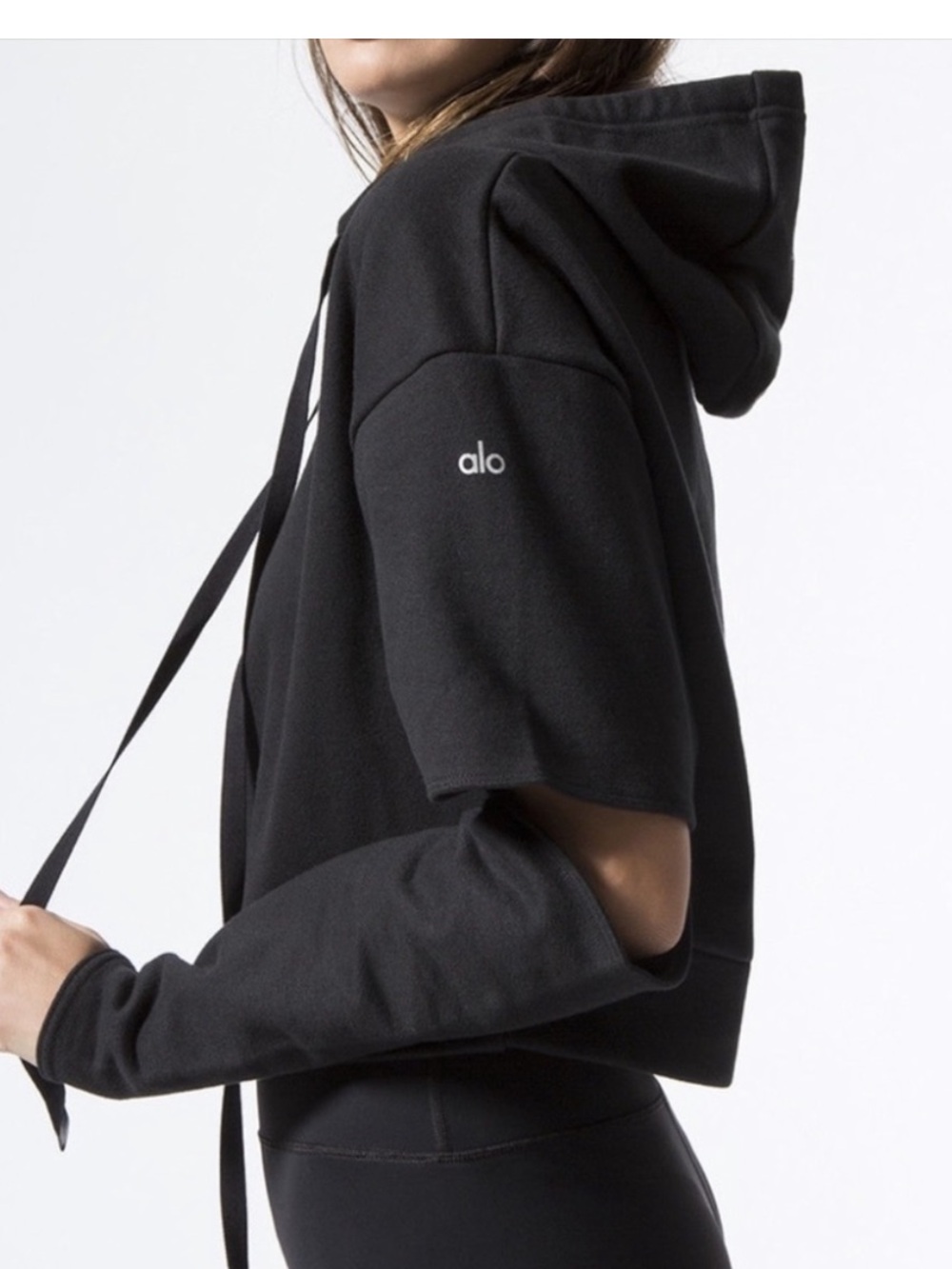 ALO Yoga Black Cropped Hoodie with Thumbhole Sleeves